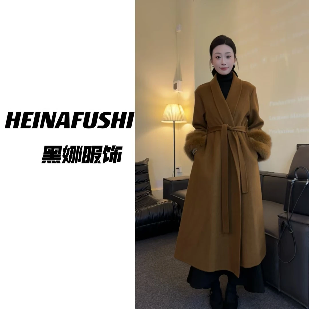 HEINA【轻奢高品质】双狐狸毛羊毛大衣2313