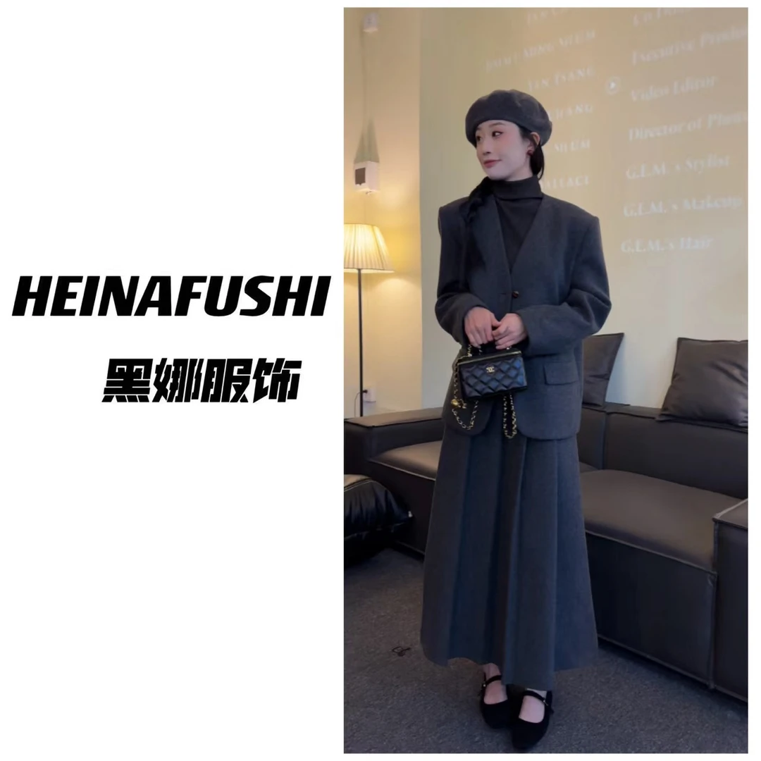 HEINA清仓【套装】韩系毛呢百褶两件套780-5