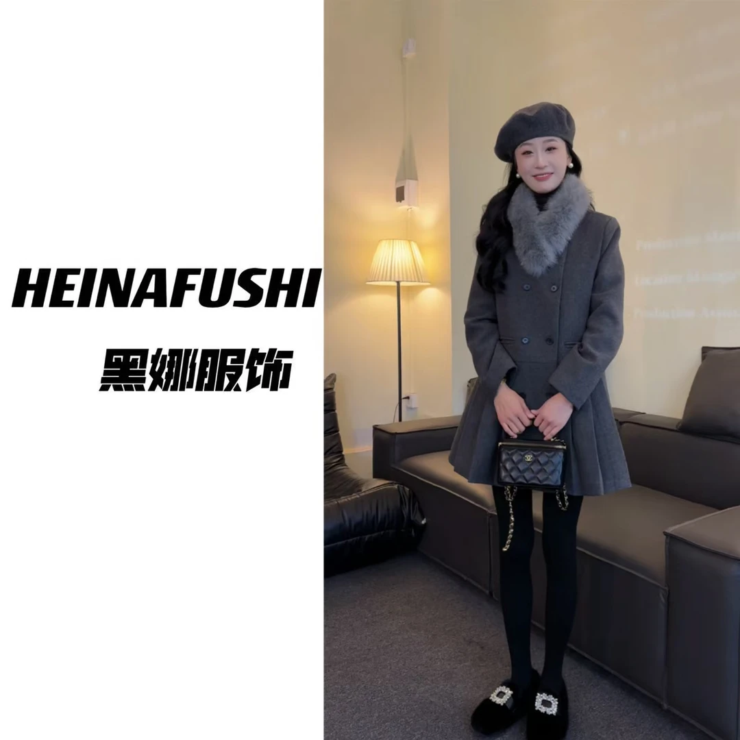 HEINA清仓【狐狸毛围脖连衣裙】毛呢外套6109-6