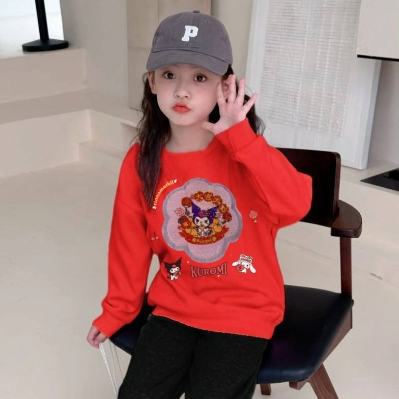 女童新年衣服儿童拜年服新年服库洛米美乐蒂大童红色喜庆上衣卫衣