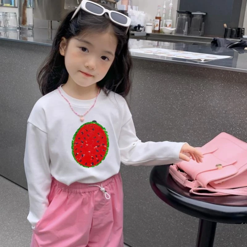 儿童亮片可变图案衣服春秋款男童女童纯棉长袖T恤西瓜变色童装潮