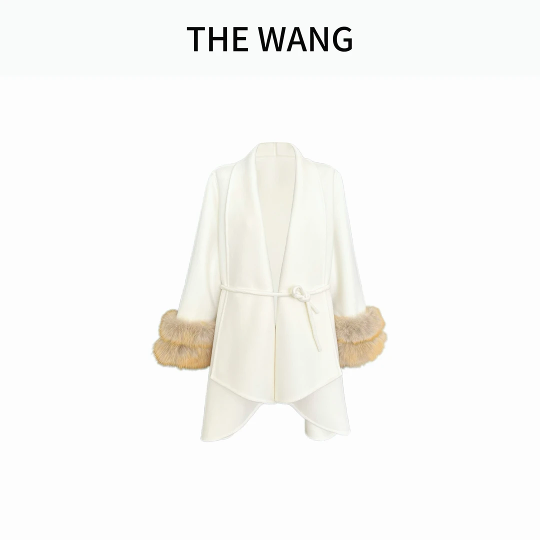 THE WANG 都市穿梭 新款狐狸毛袖口毛呢斗篷外套