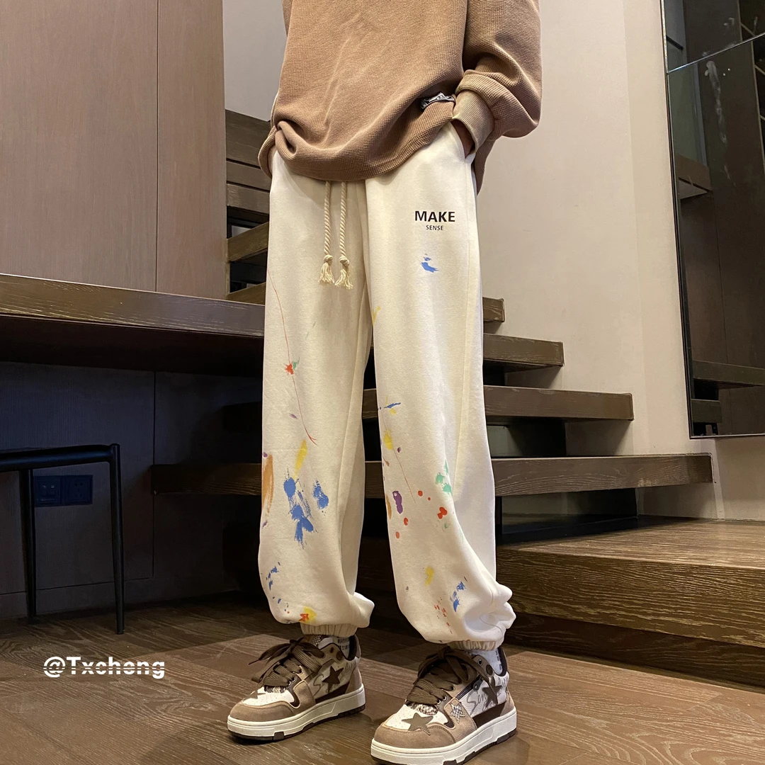 裤子男女款春秋直筒休闲长裤秋季男士卫裤美式高街束脚泼墨运动裤