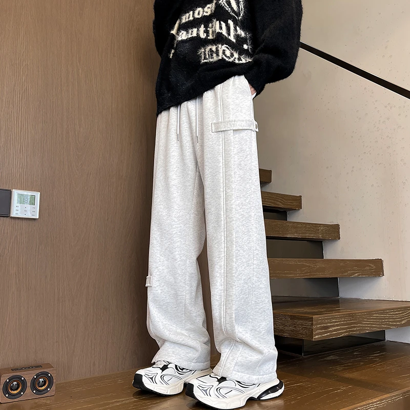 运动卫裤男秋季美式复古灰色加绒加厚阔腿裤子青少年垂感休闲裤潮