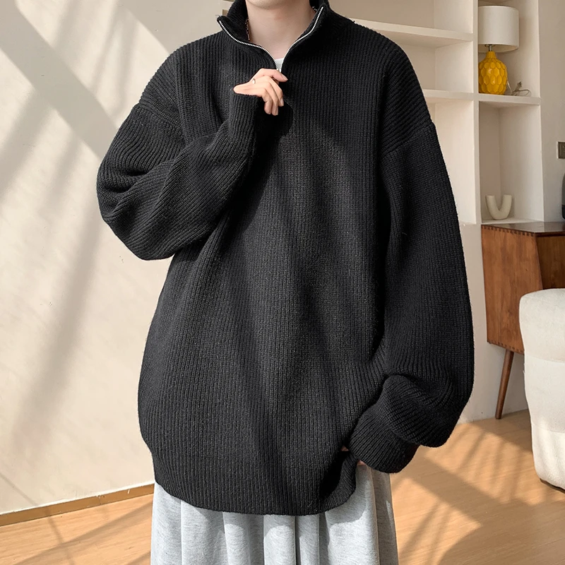 vintage半高领拉链毛衣男女冬季高级感慵懒风针织衫宽松加厚线衣