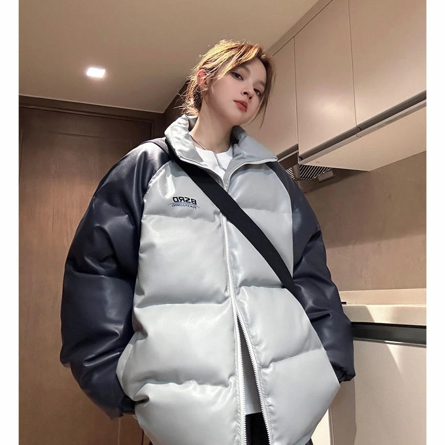 PU皮棉衣男撞色港风印花冬季新款加厚面包服立领保暖外套男女韩版