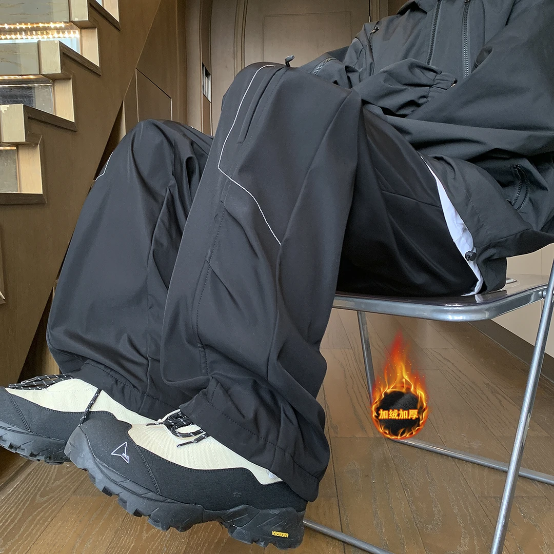 冬季防风保暖冲锋裤男士宽松百搭加绒加厚保暖休闲裤美式高街裤子