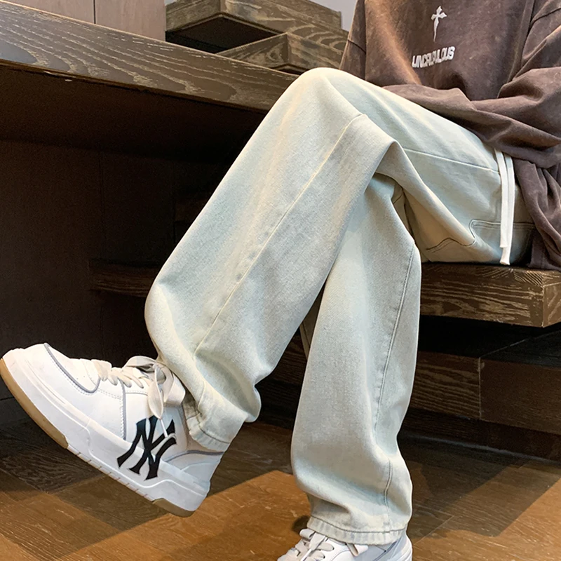美式泥黄色牛仔裤男生春秋宽松直筒裤高街水洗休闲做旧阔腿长裤子