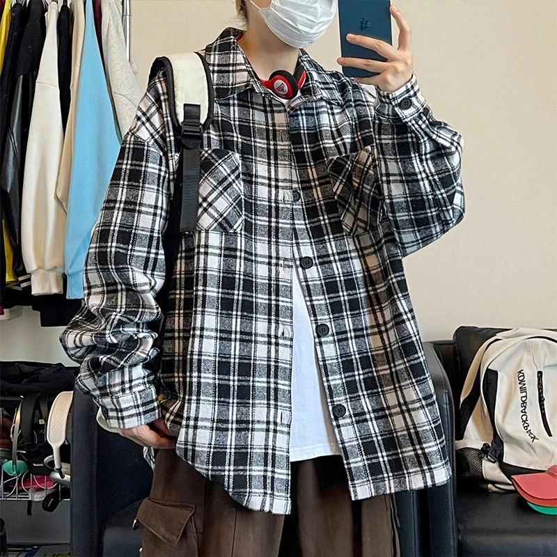 2024春秋潮牌高级感格子衬衫男款痞帅外套青少年宽松大码衬衣