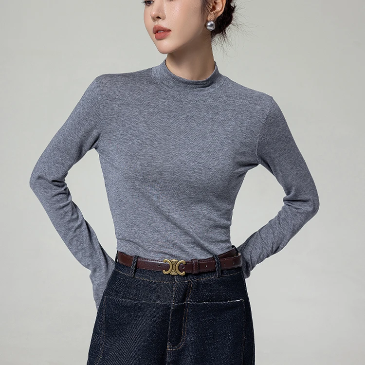 2024冬可机洗羊+毛T丝加厚打底衫女半高圆领长袖磨毛百搭针织T恤