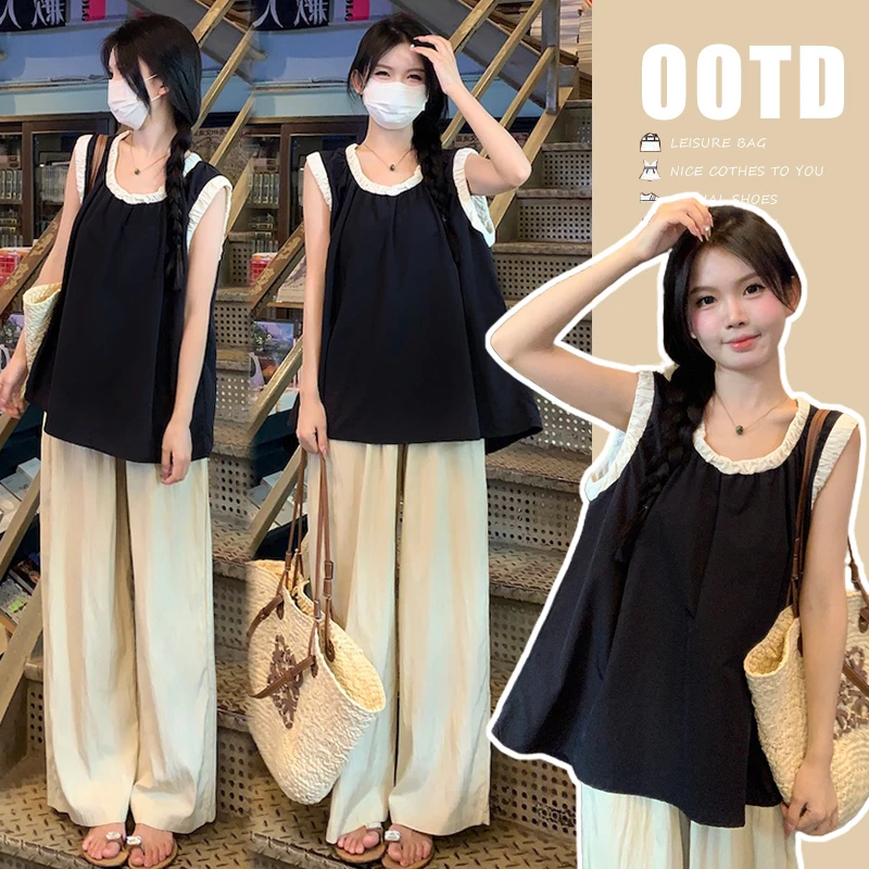 { 糕糕 }孕妇装2024夏季新款高级感拼接无袖背心＋杏色阔腿裤