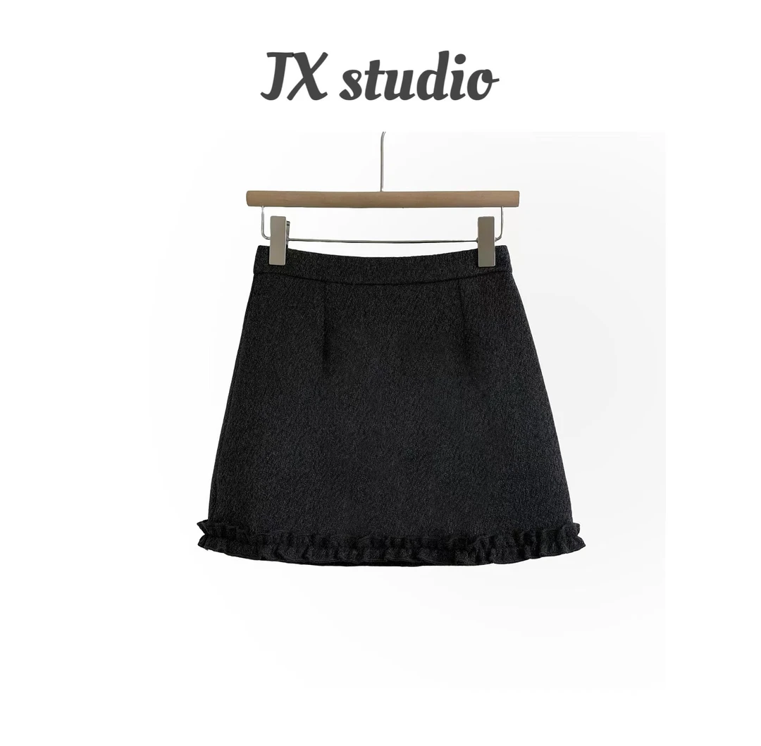 静贤【北岛蔷薇】秋冬新款韩版百搭显瘦花边呢料短裙