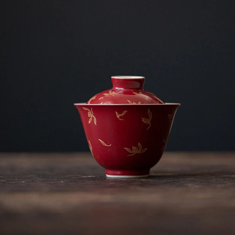 郎红烫金盖碗兰花功夫茶具文人陶瓷防烫泡茶碗家用红色国风主泡碗