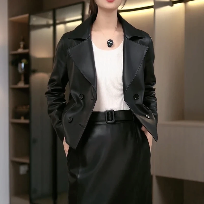 2457-1羊皮女士皮衣时尚洋气显瘦短款翻领休闲西装外套春秋款外套