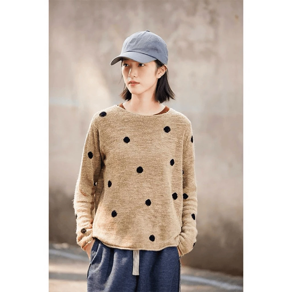 夏款麻色波点汉麻棉提点工艺圆领套头针织衫时尚休闲慵懒风24109
