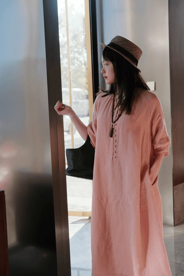 自留款 皮粉 肌理泡泡汉亚麻连衣裙2325