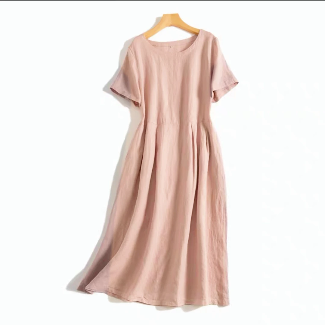 【柔雾蜜桃】原创高织色织汉麻圆领短袖夏裙子新款女款复古裙24098