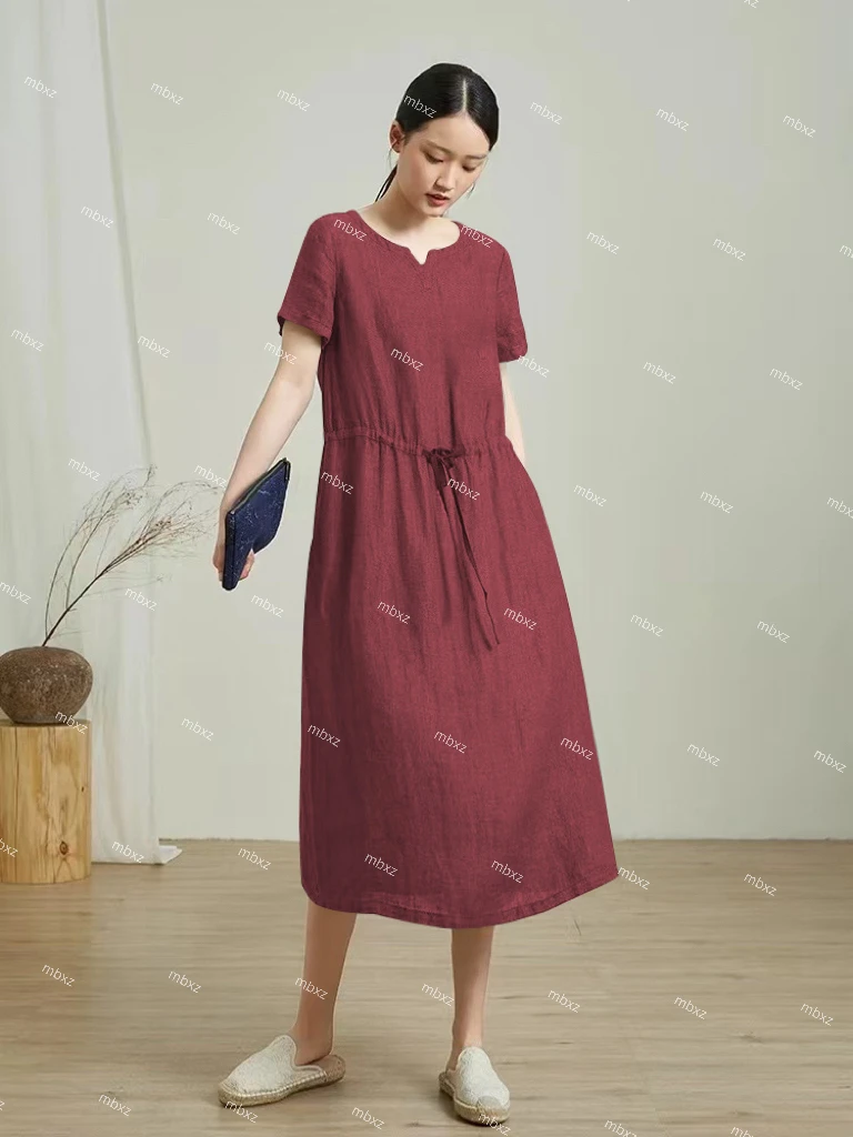 色织汉麻中长款气质连衣裙2024夏新收腰显瘦圆领短袖裙子24126