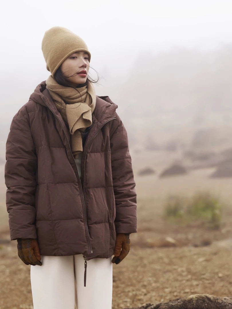 板栗匈牙利白鹅绒连帽棉羽绒服女冬季2024新款保暖