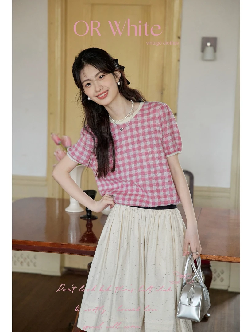 高支纱色织格纹圆领T恤花边粉色短袖小衫新款24109