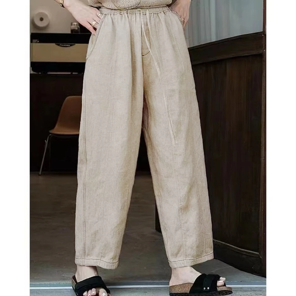 【红豆沙】夏季新品碧纹染汉麻敦实垂坠显瘦文艺萝卜裤休闲裤23235