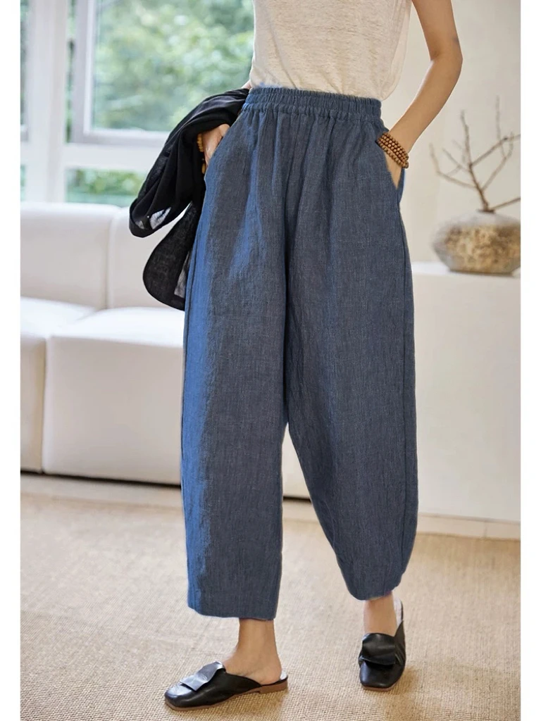 原创设计汉麻斜纹色织牛仔松紧裤水洗阔腿牛仔裤24012