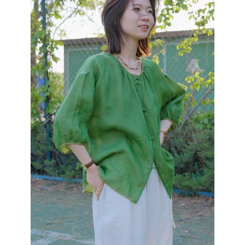 【AB面】炒色细腻苎麻手工盘扣中式衬衣春夏上衣23270