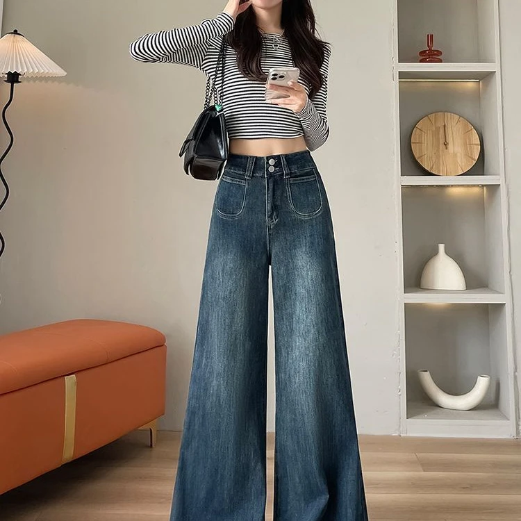 复古小个子阔腿牛仔裤女秋季新款高腰宽松显瘦直筒拖地喇叭裤子潮
