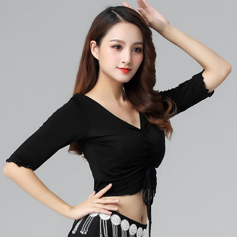 肚皮舞舞蹈上衣现代舞服装2023抽绳中袖肚皮舞上衣显瘦修身练功服