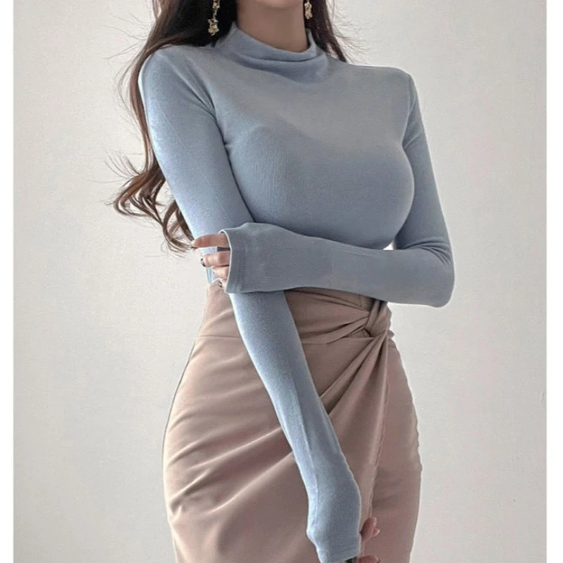 凸显身材简约半高领打底衫女2023韩国春季新款性感紧身T恤修身上