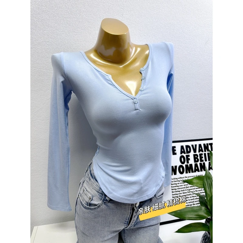 细腻亲肤洋派半开领长袖T恤女秋冬新款修身爆乳大内搭打底衫上衣