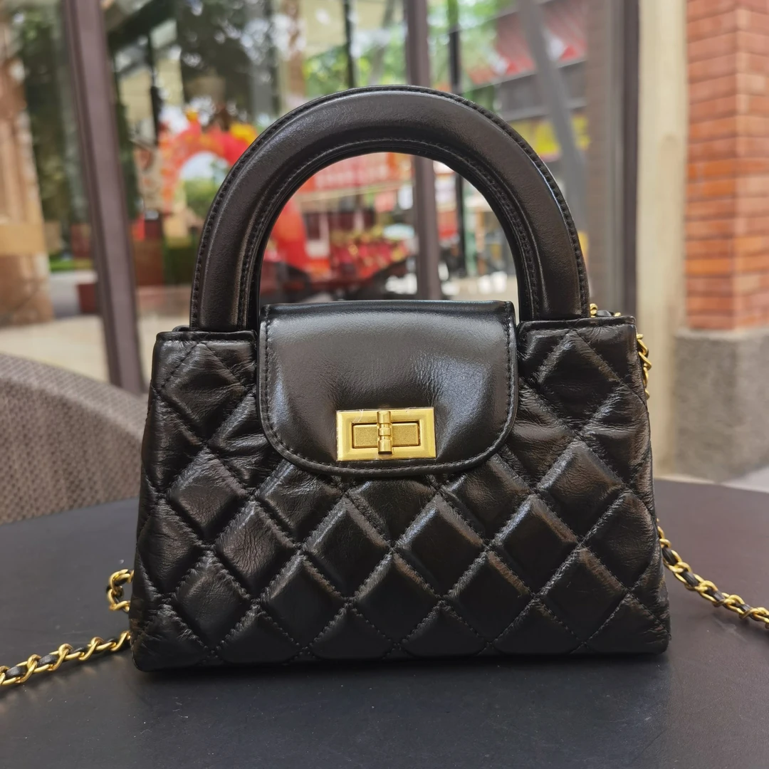 【澜卡芙】春夏新款头层牛皮小香风手琴包时尚经典斜挎包轻奢菱格