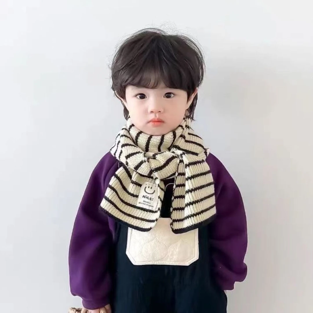 韩国条纹笑脸儿童小围巾个性贴标男女宝宝防风保暖毛线围脖帅气