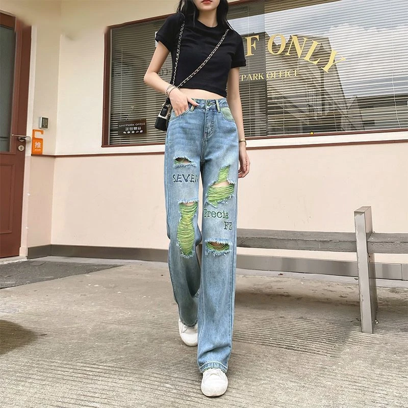 刺绣窄版高腰阔腿直筒牛仔裤女夏季2023年破洞撞色垂感显瘦拖地裤
