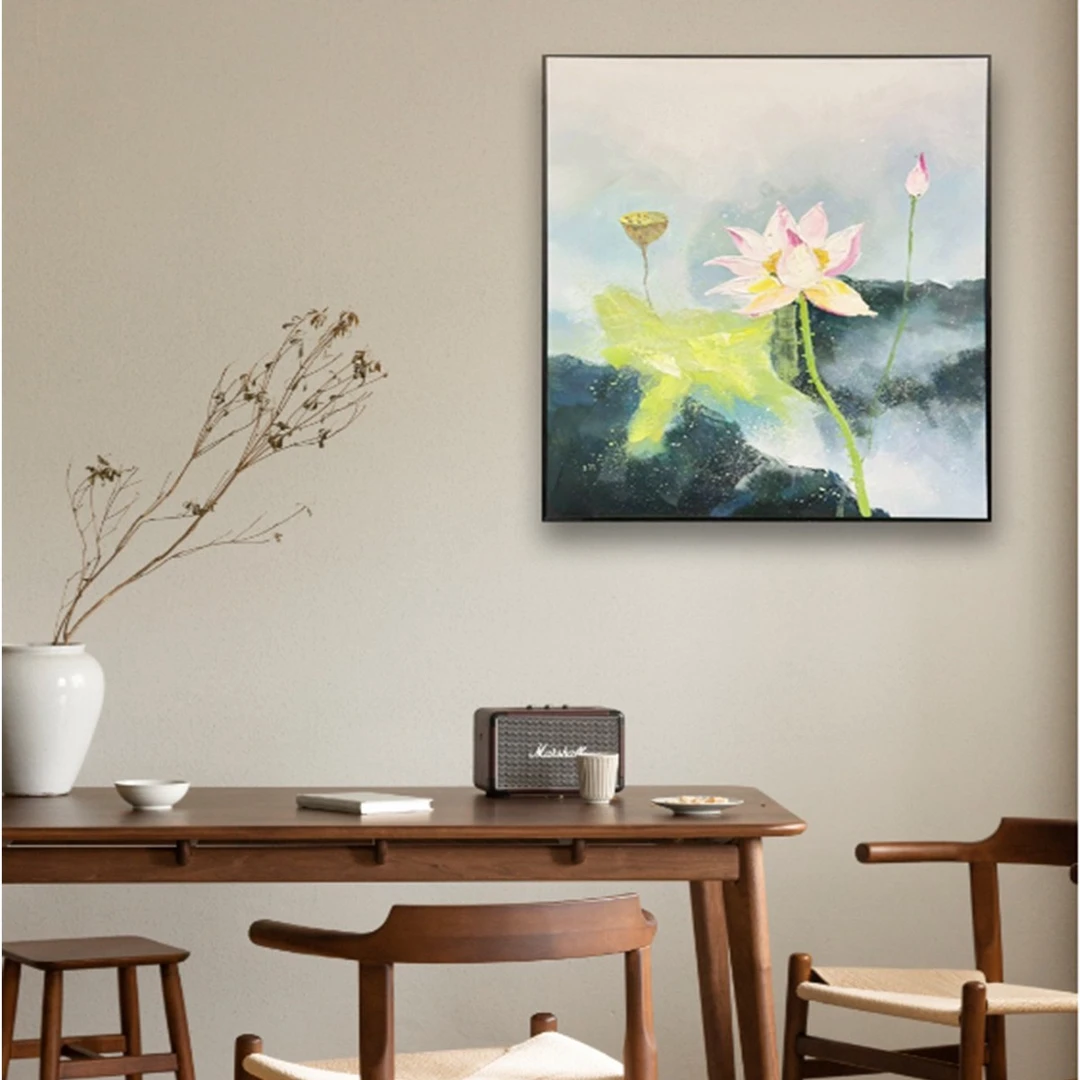 【荷花】现代免打孔家餐厅挂画新中式方形画简约莲花装饰画书房挂画