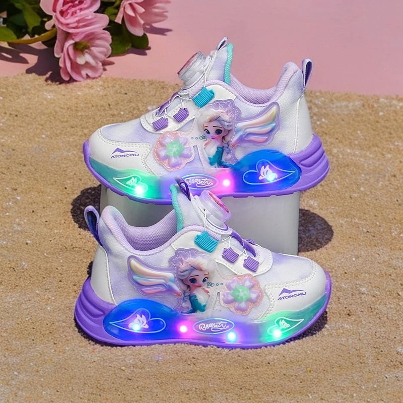 秋季皮面公主女童鞋子春季新款3儿童运动鞋6岁网面透气4发光灯鞋5