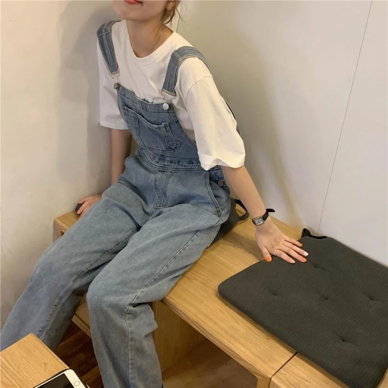 浅蓝牛仔背带裤女2023夏装复古宽松阔腿长裤工装休闲显瘦连体长裤