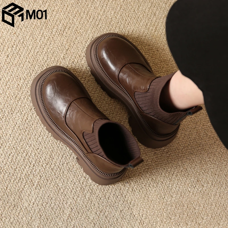 M01英伦增高厚底马丁靴女款2025春秋新款棕色靴子加绒短靴弹力靴