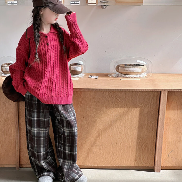 女童套装2024新款洋气大童宽松麻花毛衣儿童格子阔腿裤两件套