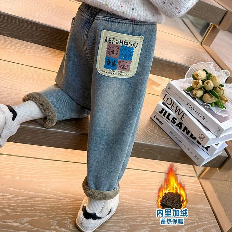 女童加绒牛仔裤秋冬装2024新款儿童一体绒裤子宝宝冬季加厚休闲裤