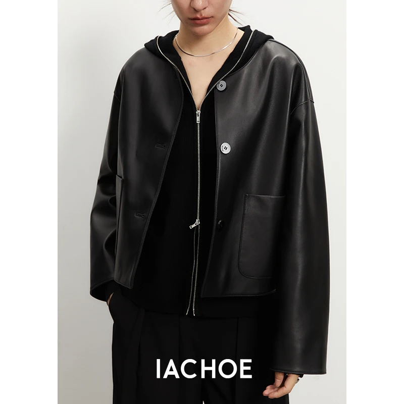 IACHOE简约圆领羊皮短款皮衣外套3461527005