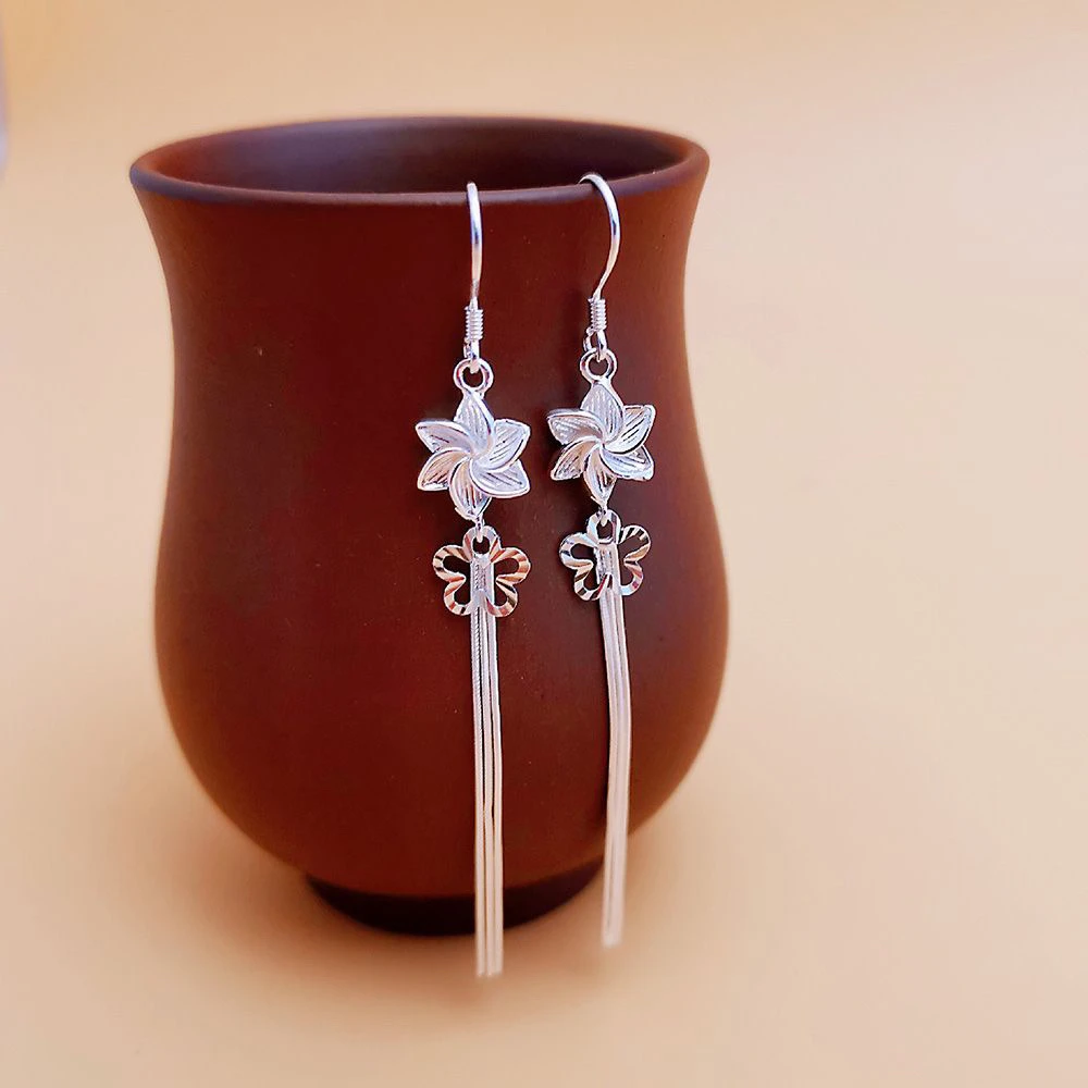 足银耳饰 足银精工时来运转拉丝百合花朵防丢耳线