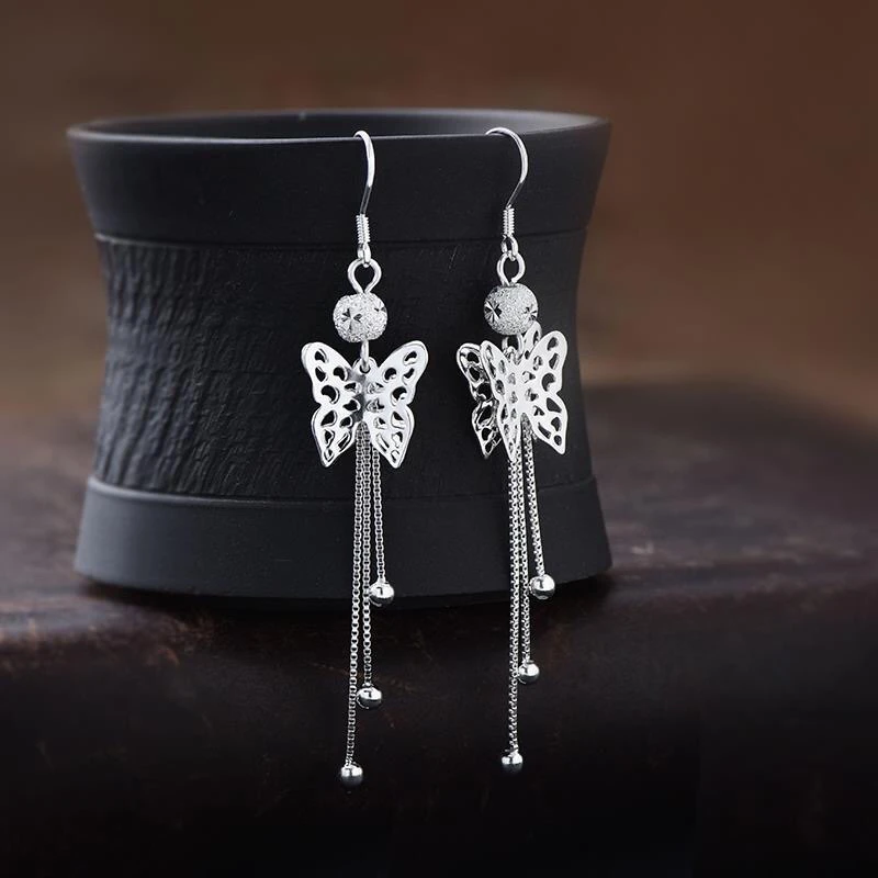 足银耳饰 足银立体蝴蝶流苏耳环
