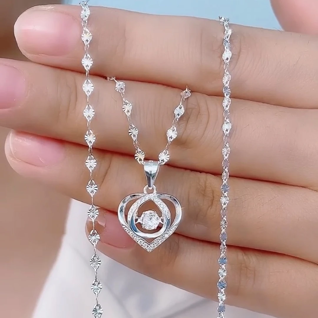 坠链均足银锆石 足银心心相印灵动爱心项链