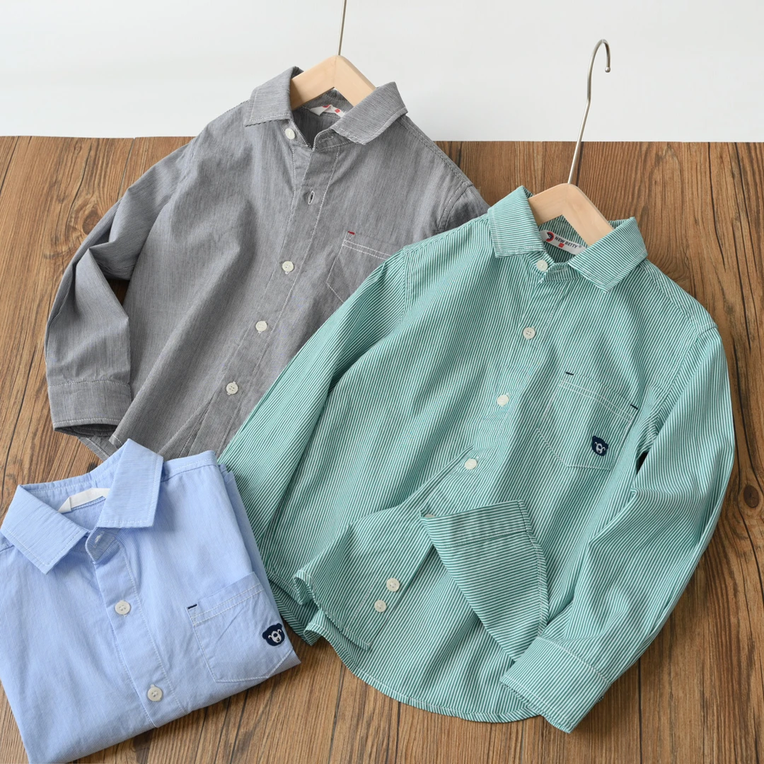 儿童纯棉条纹衬衫 男女童翻领衬衣中大童170薄外套春款童装 86059