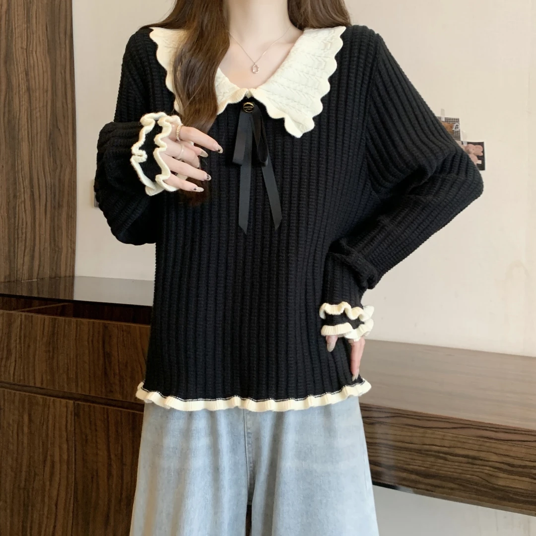 大码设计感撞色娃娃领木耳边针织衫女秋季胖妹妹显瘦遮肉毛衣外穿