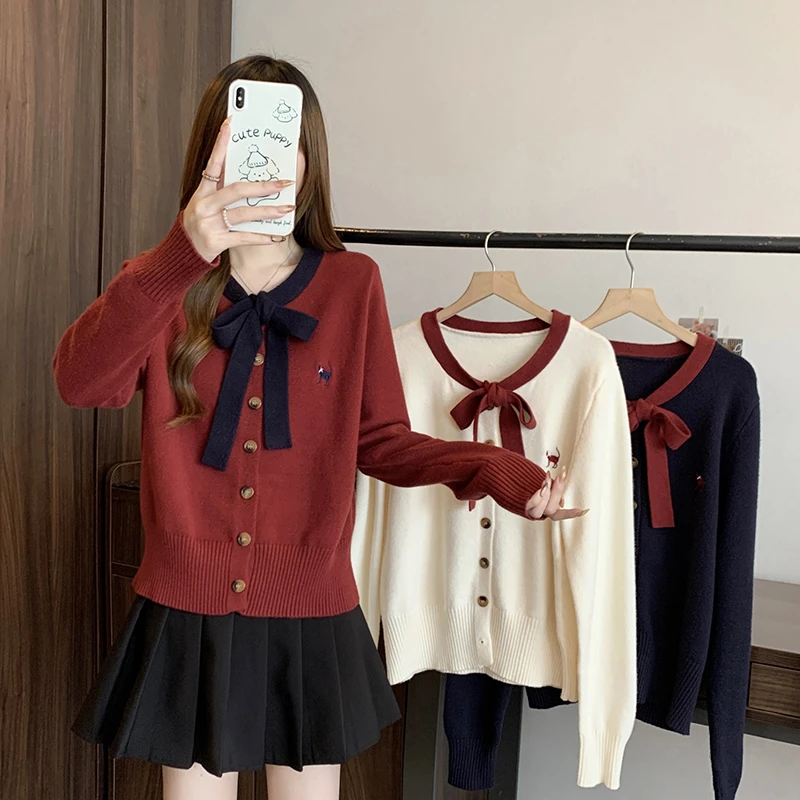 2024秋冬新款胖mm大码女时尚百搭撞色蝴蝶结软糯卡通针织上衣毛衣