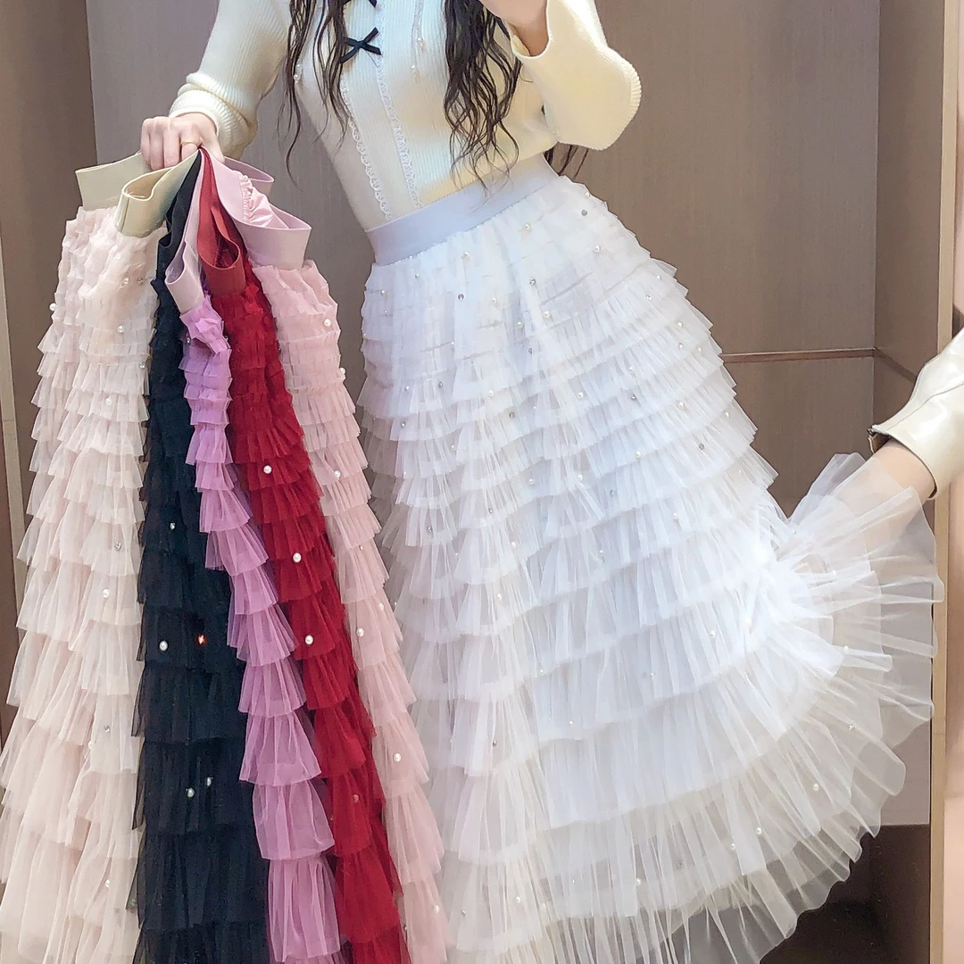 艾日秀2024秋冬松紧腰百搭显瘦高级感镶珠网纱打底半身裙女E9331