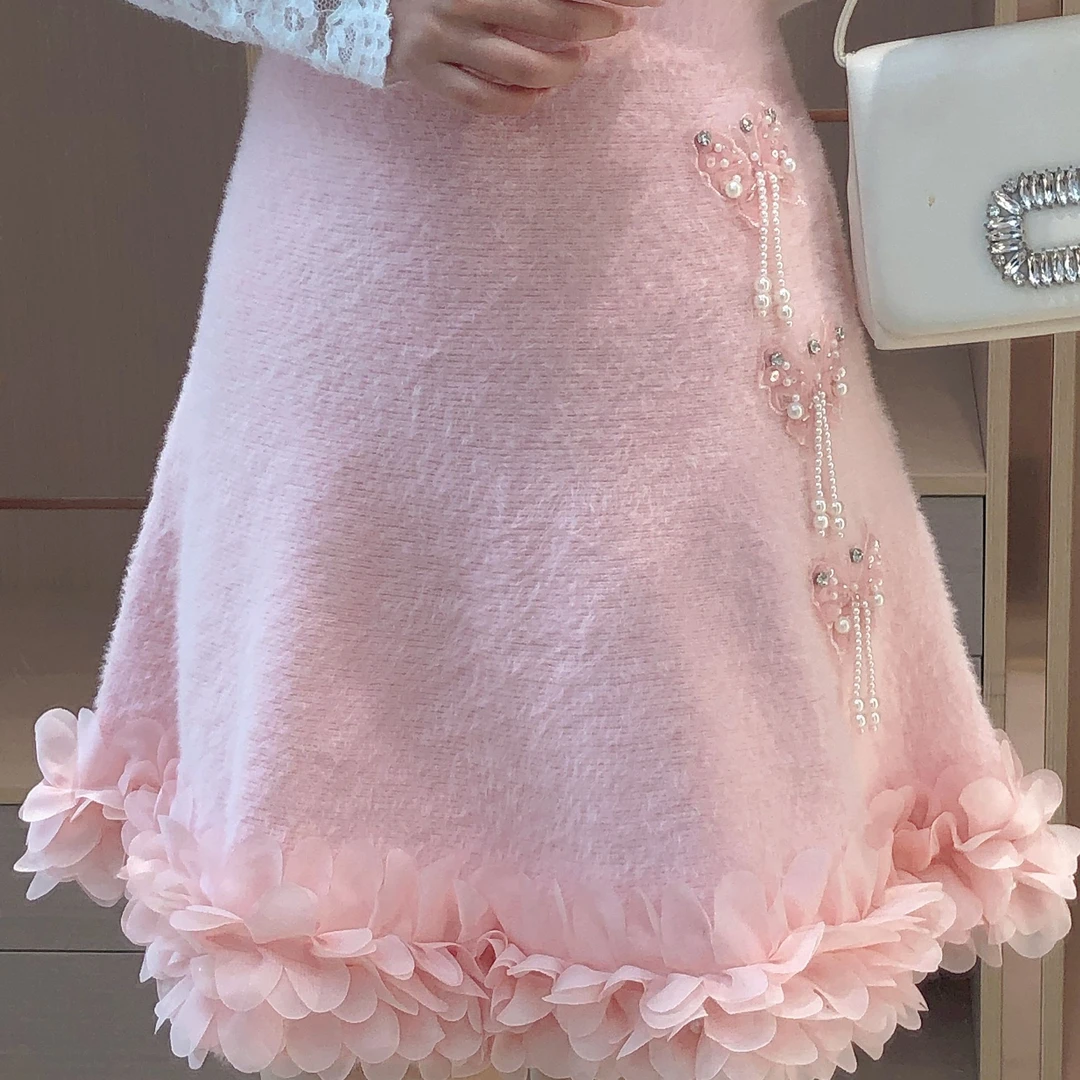 艾日秀定制•2024秋冬新款重工蝴蝶串珠拼接花朵边半身裙 E9260