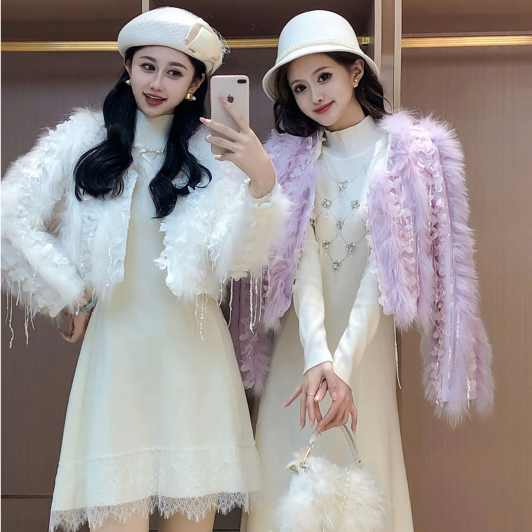 艾日秀定制●秋冬仙女风富家千金时尚感花朵流苏毛毛短外套 E9197